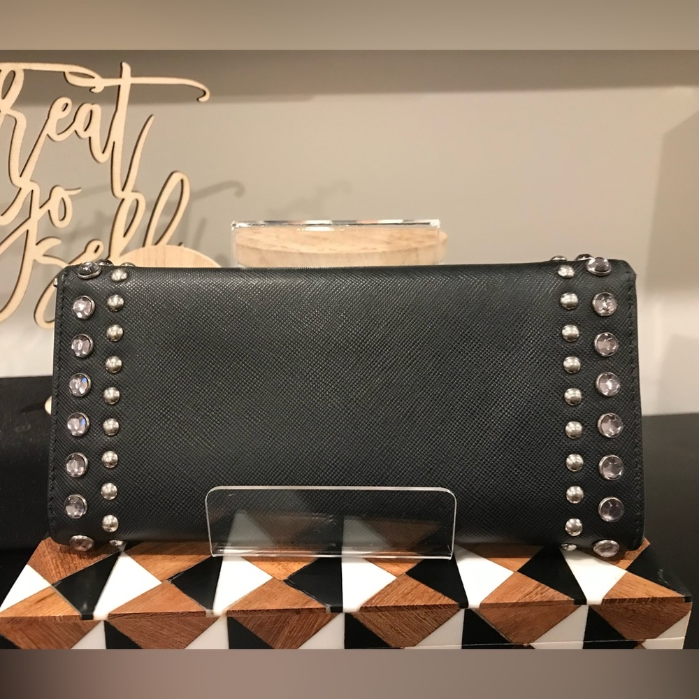 ‼️SALE‼️ *EUC* Prada Black Saffiano Leather Wallet w/Swarovski Crystals - Picture 2 of 5